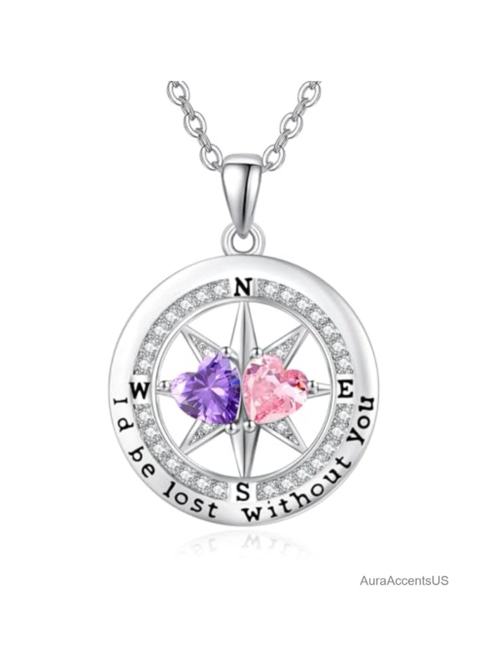 Compass Birthstone Pendant Necklace White Gold Plated Two Heart Stones